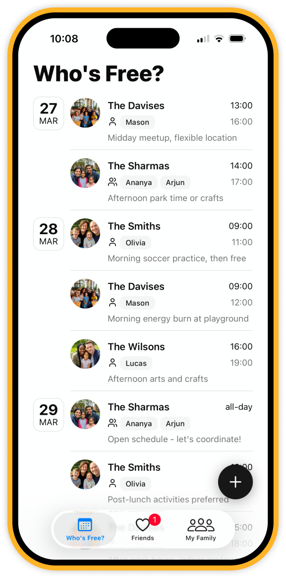 Who’s Free? app screenshot showing upcoming playdates